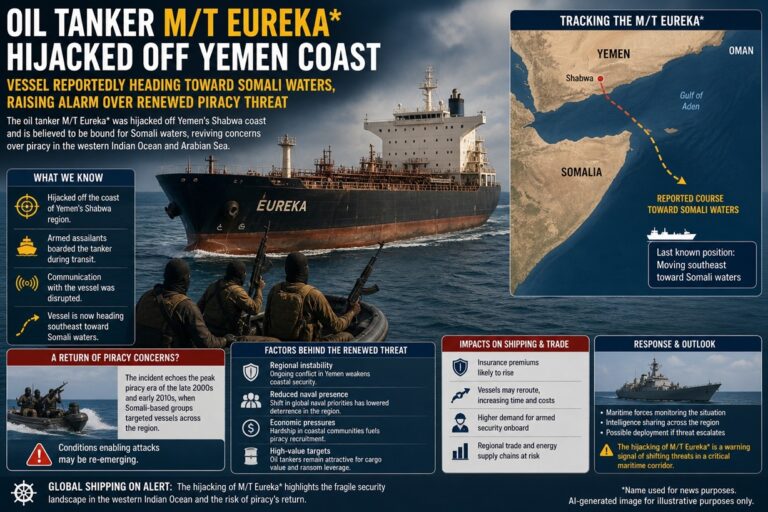 Oil Tanker M/T Eureka Hijacked off Yemen, Raises Alarm Over Return of Piracy Threat