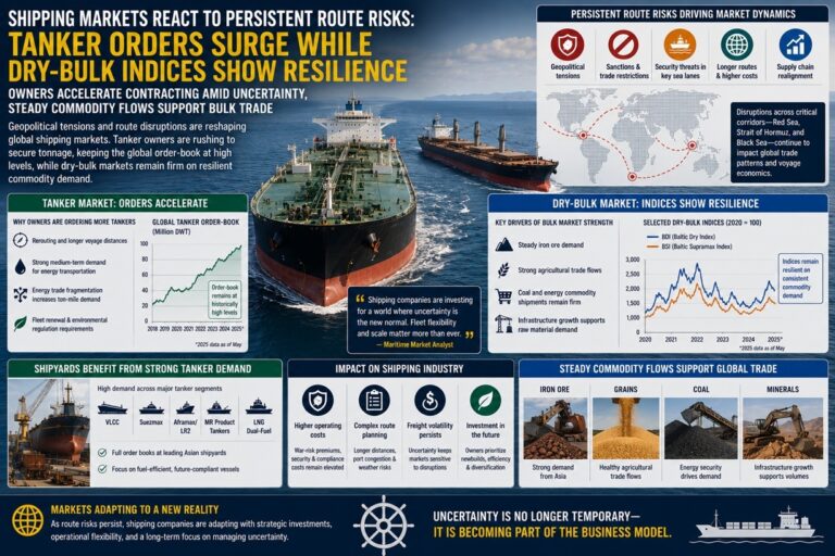 Shipping Markets Adjust to Persistent Route Risks as Tanker Orders Surge and Dry-Bulk Trade Holds Firm