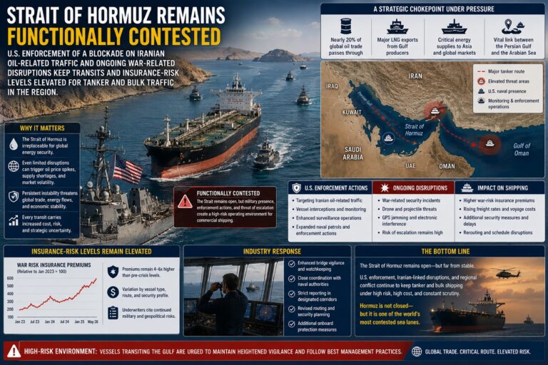 Strait of Hormuz Remains Functionally Contested as Security Risks and Shipping Costs Escalate