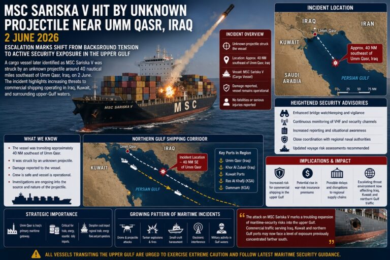 MSC Sariska V Struck by Unknown Projectile Near Iraq, Raising Security Concerns in the Upper Gulf