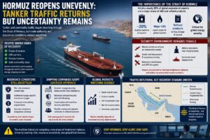 Hormuz Reopens Unevenly as Tanker Traffic Returns Amid Persistent Security and Insurance Uncertainty