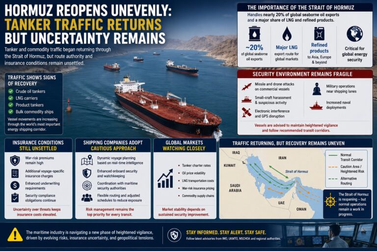 Hormuz Reopens Unevenly as Tanker Traffic Returns Amid Persistent Security and Insurance Uncertainty