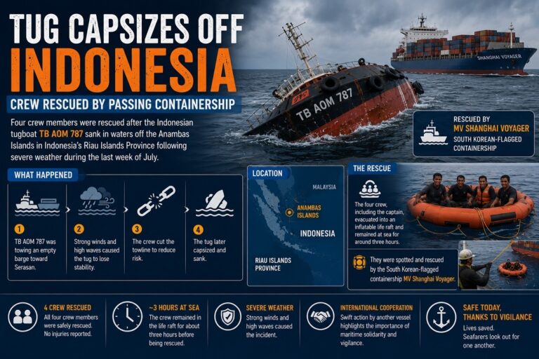 Tug Capsizes Off Indonesia’s Anambas Islands, Crew Rescued by Passing Containership