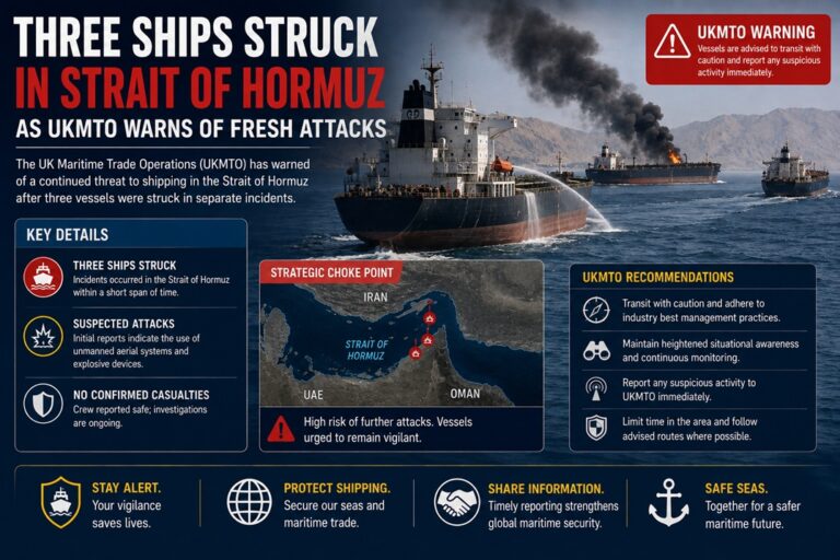 Three Ships Struck in Strait of Hormuz as UKMTO Warns of Fresh Attacks