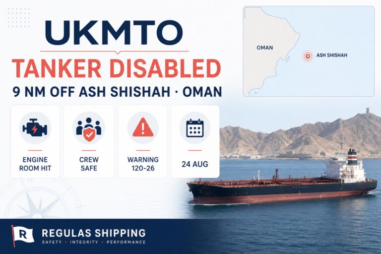 UKMTO: Oil Tanker Disabled by Projectile Strike 9 nm off Ash Shishah, Oman