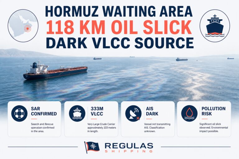 Dark VLCC Spill Stretching 118 km Confirmed in Southeastern Hormuz Waiting Area