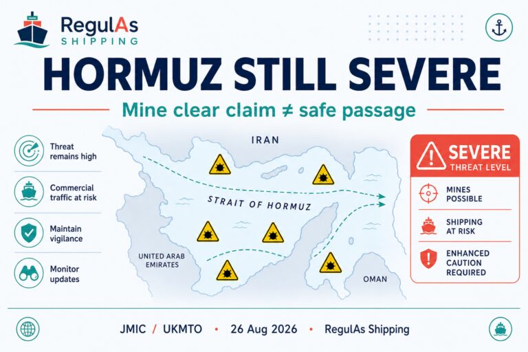 Hormuz Still SEVERE: Mine Clear Claims Do Not Equal Safe Passage