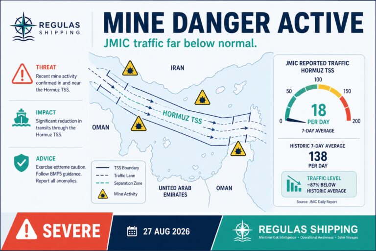JMIC: Hormuz Mine Danger Areas Still Active as Traffic Stays Far Below Normal