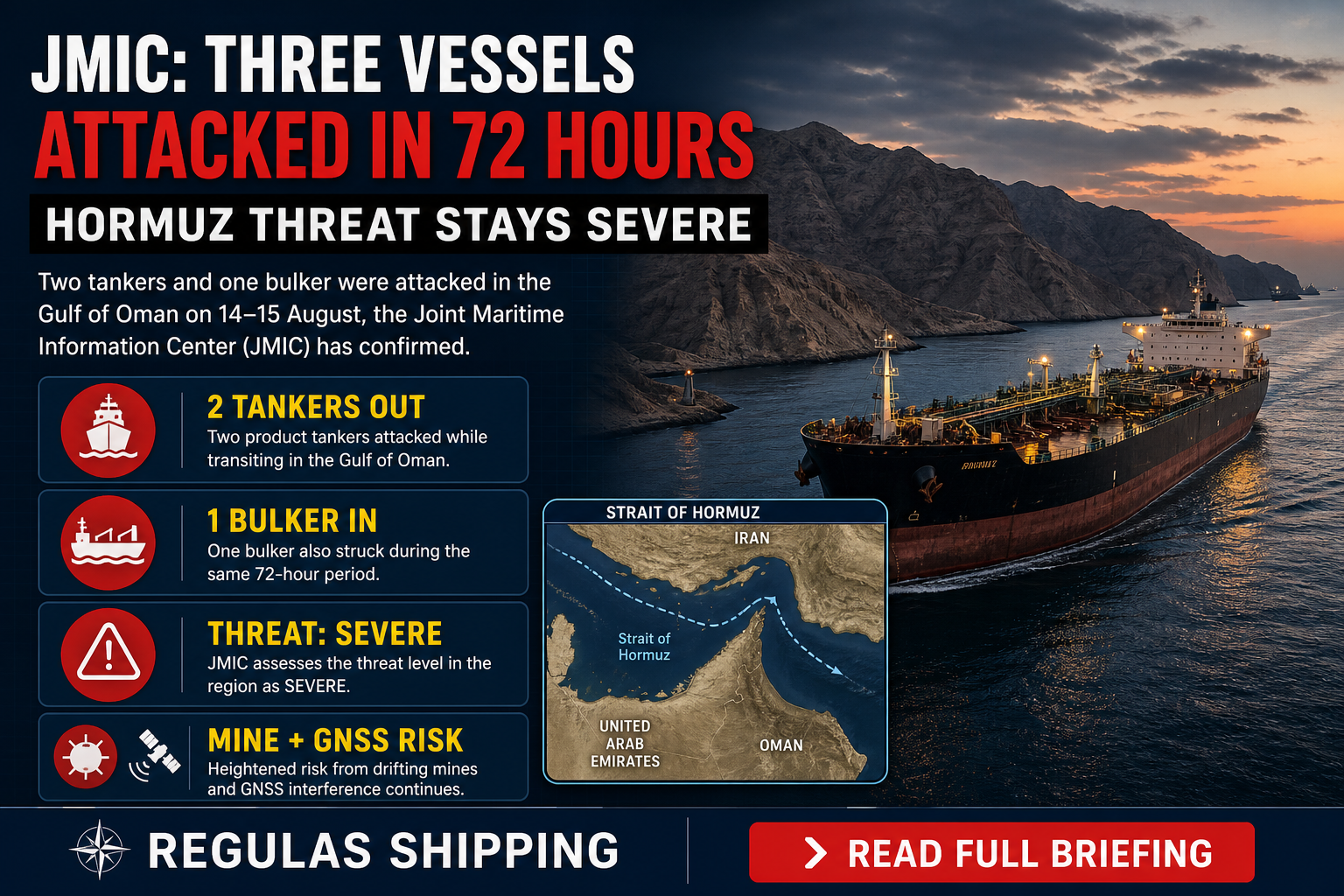 JMIC: three vessels attacked in Hormuz in 72 hours, threat stays Severe