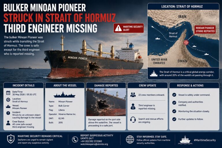 Bulker Minoan Pioneer Struck in Strait of Hormuz, Third Engineer Missing