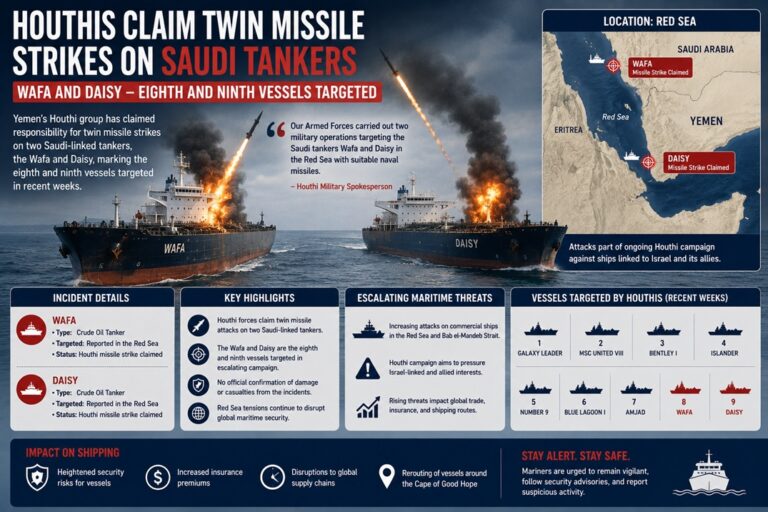 Houthis Claim Twin Missile Strikes on Saudi Tankers Wafa and Daisy, Eighth and Ninth Vessels Targeted