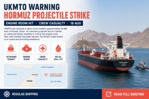 UKMTO: unknown projectile strikes vessel in Hormuz, crew casualty reported