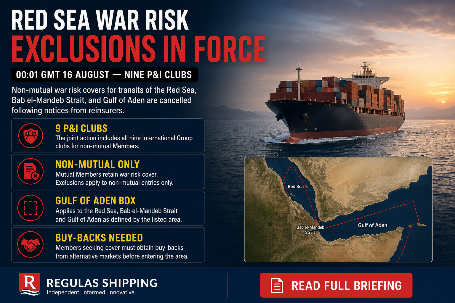 Red Sea war risk exclusions take effect 16 August across nine P&I clubs