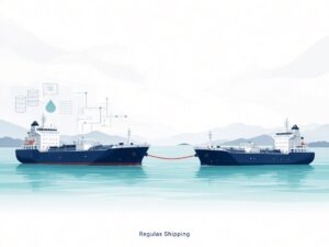 Light-theme illustration of two tankers connected for ship-to-ship transfer, Regulas Shipping