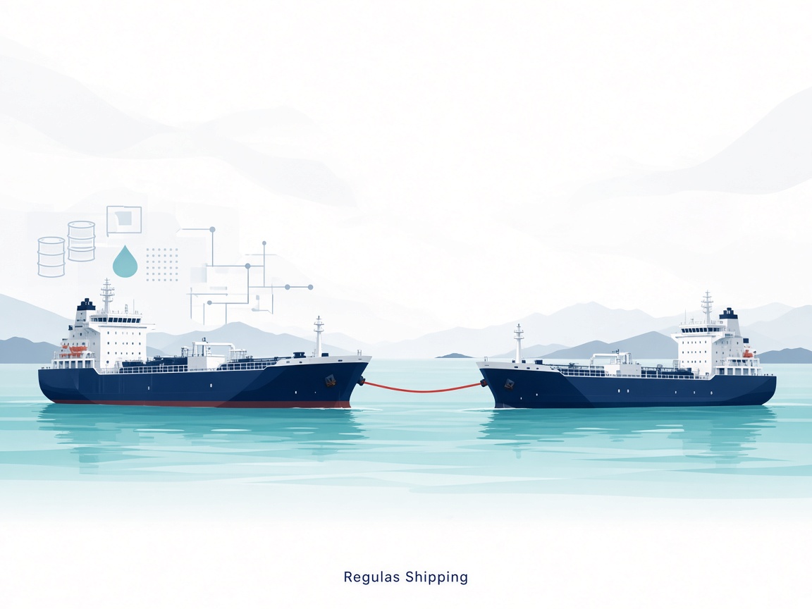 Light-theme illustration of two tankers connected for ship-to-ship transfer, Regulas Shipping