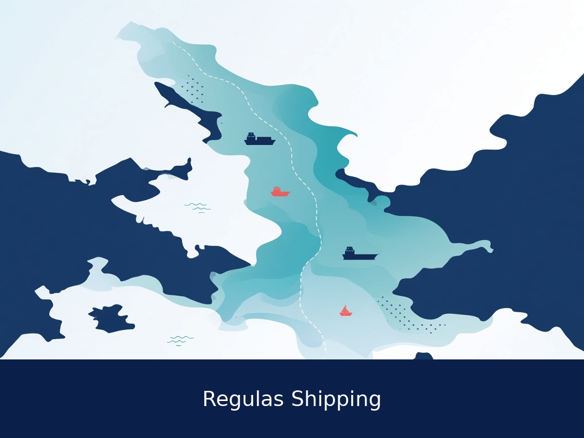 Light-theme strait map with navy coastlines and a few ships, Regulas Shipping