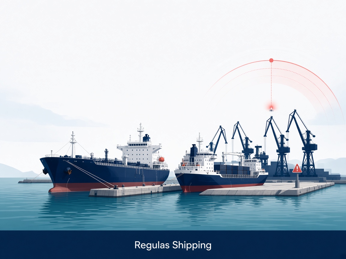 Light-theme illustration of commercial ships at a Black Sea quay, Regulas Shipping