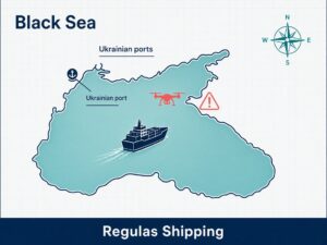 Stylized Black Sea map with a merchant ship approaching Ukrainian ports and a coral drone warning, Regulas Shipping footer