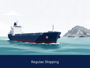 Light-theme illustration of a navy Capesize bulk carrier off a rocky headland, Regulas Shipping