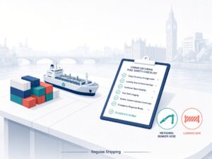 Light-theme illustration of cargo and fuel-safety documents for a Regulas Shipping report on CCC 12 outcomes