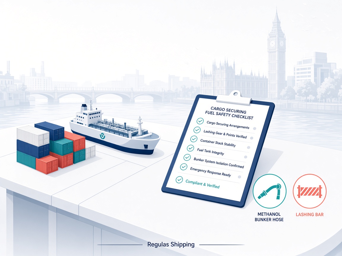 Light-theme illustration of cargo and fuel-safety documents for a Regulas Shipping report on CCC 12 outcomes