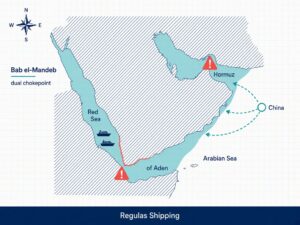 Stylized map of Hormuz and Bab el-Mandeb dual chokepoints with Red Sea ships and coral warning markers, Regulas Shipping footer