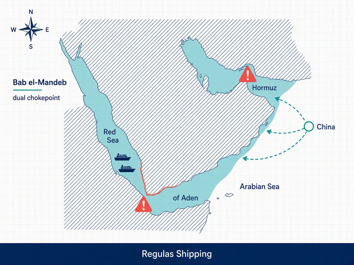 Stylized map of Hormuz and Bab el-Mandeb dual chokepoints with Red Sea ships and coral warning markers, Regulas Shipping footer