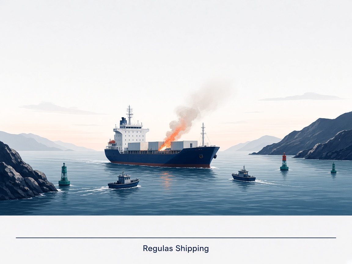 Commercial vessel with fire in the Strait of Hormuz, Regulas Shipping