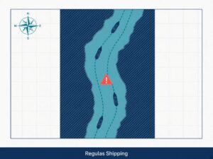 Stylized Strait of Hormuz map with four ships in a teal lane and a coral warning marker, Regulas Shipping footer