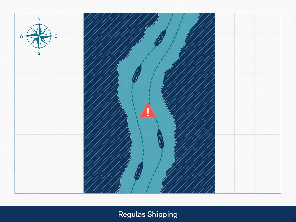 Stylized Strait of Hormuz map with four ships in a teal lane and a coral warning marker, Regulas Shipping footer
