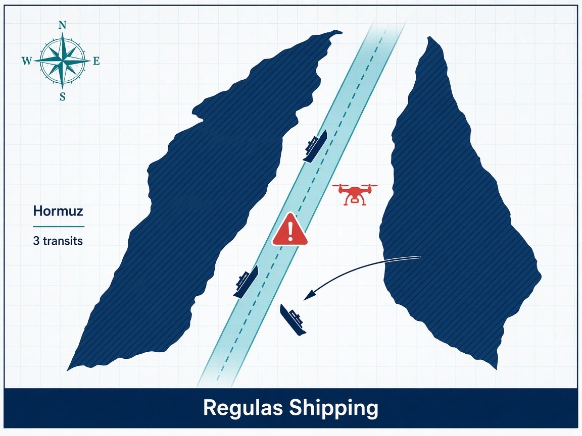 Stylized Strait of Hormuz map with three ships, a coral drone and warning marker, Regulas Shipping footer