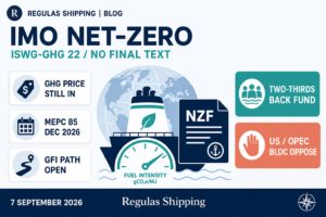Light infographic of IMO ISWG-GHG 22: Net-Zero Framework still in play, GHG pricing supported, no final MARPOL text, MEPC 85 in December 2026.
