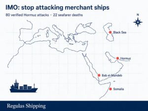 Light map of Hormuz, Bab el-Mandeb, Somalia and the Black Sea with IMO stop-attacking-ships headline, Regulas Shipping