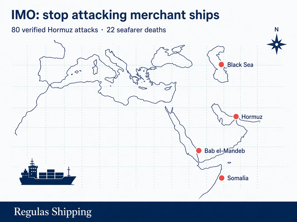 Light map of Hormuz, Bab el-Mandeb, Somalia and the Black Sea with IMO stop-attacking-ships headline, Regulas Shipping