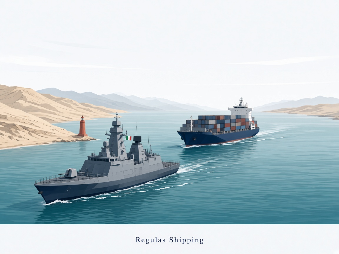 Editorial illustration of a frigate escorting a container ship through a strait, Regulas Shipping