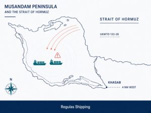 Light-theme map of Khasab and the Strait of Hormuz gateway for UKMTO Warning 133-26