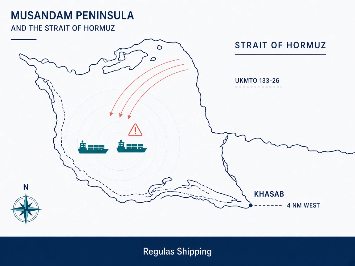 Light-theme map of Khasab and the Strait of Hormuz gateway for UKMTO Warning 133-26