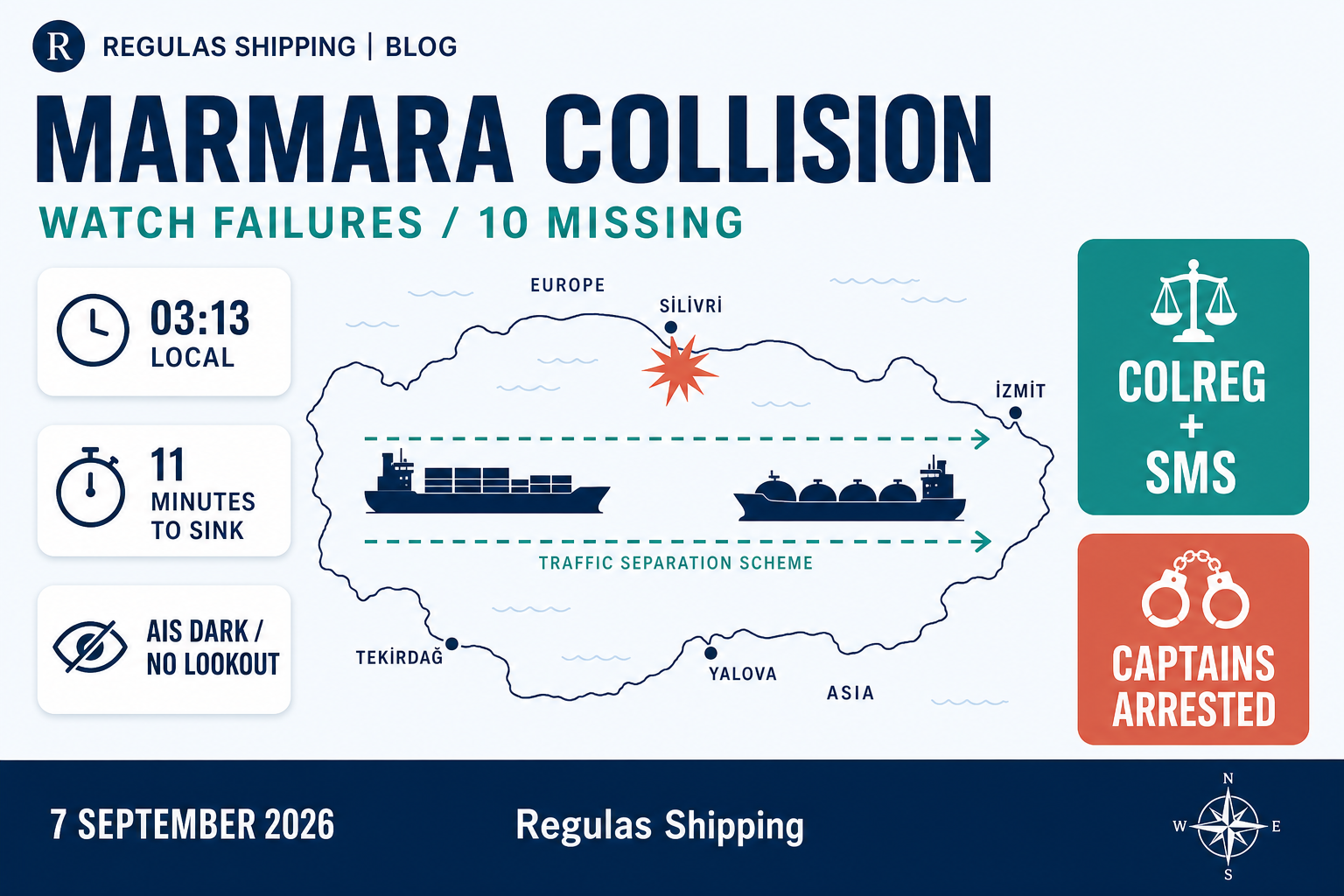Light infographic of the 2 September 2026 Sea of Marmara collision: watch failures, 11-minute sinking, 10 missing, COLREG and SMS findings.