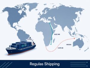 Map illustration of a container ship with a westbound Suez routing and an eastbound Cape of Good Hope track for MSC Indusa. Regulas Shipping.