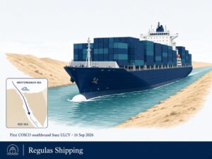 Ultra-large containership transiting a canal southbound toward the Red Sea, Regulas Shipping