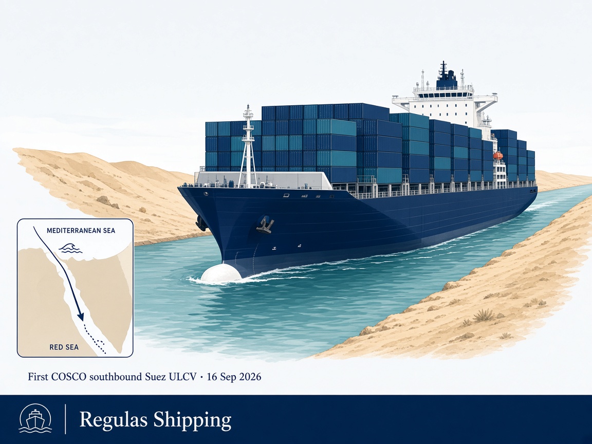 Ultra-large containership transiting a canal southbound toward the Red Sea, Regulas Shipping