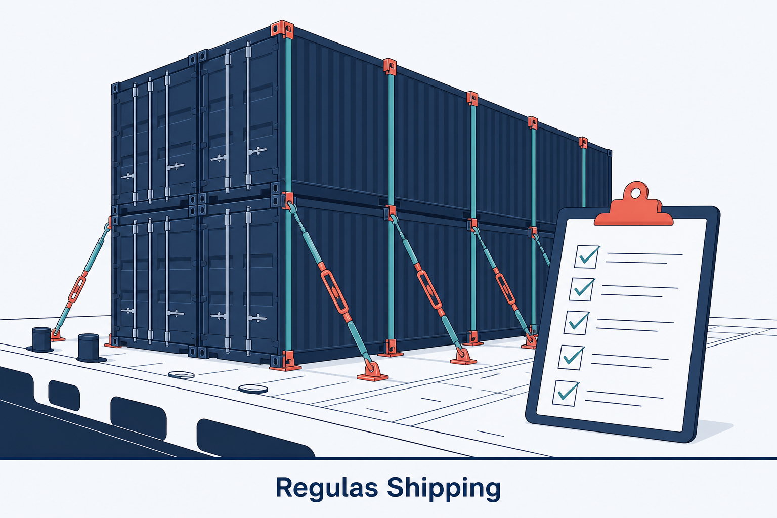 Light-theme illustration of lashed navy containers and a cargo-securing checklist, Regulas Shipping footer
