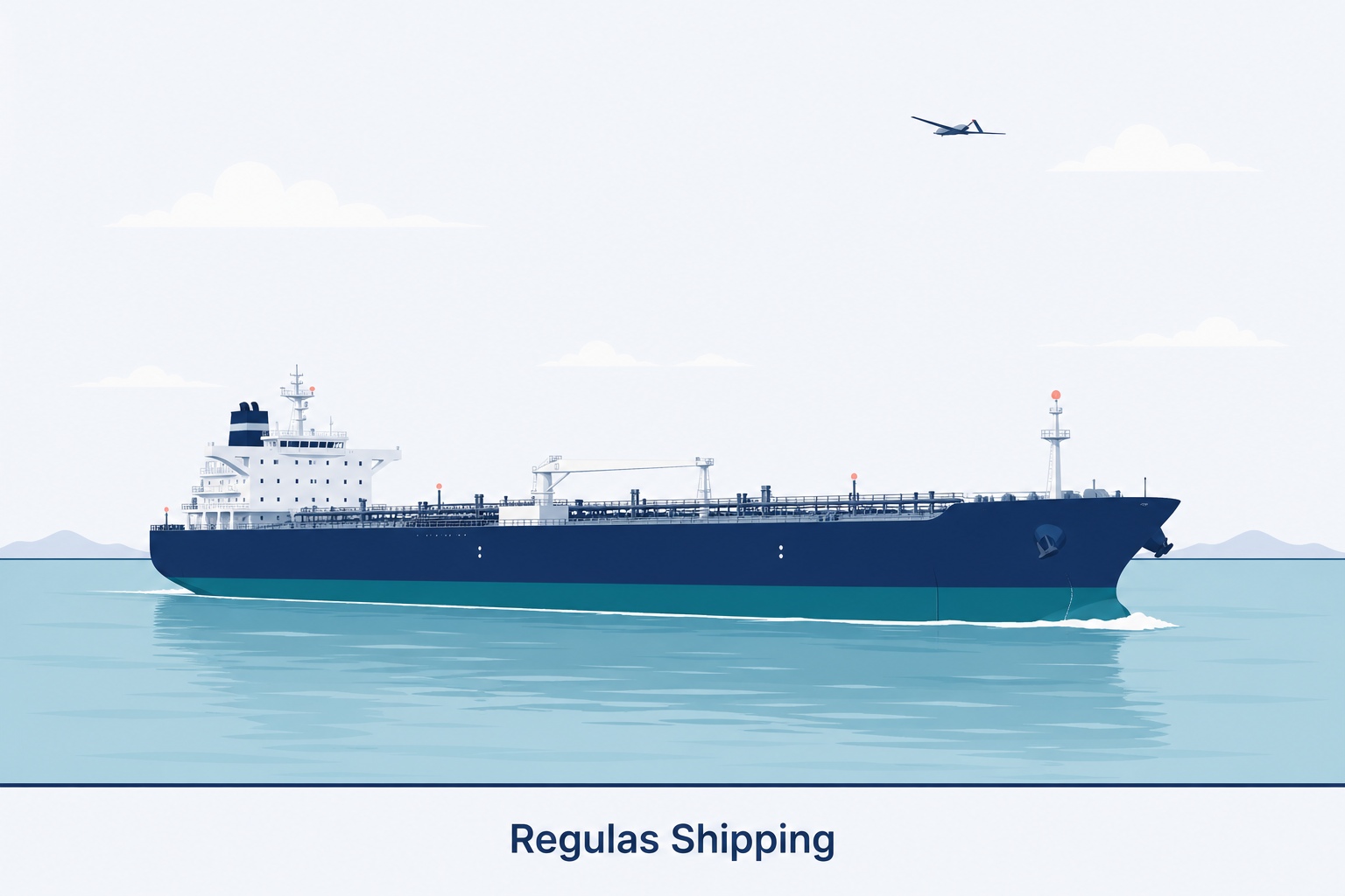 Light-theme illustration of a Suezmax tanker underway with a distant UAV, Regulas Shipping footer