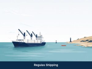 Light-theme illustration of a general cargo ship off a sparse coast, Regulas Shipping