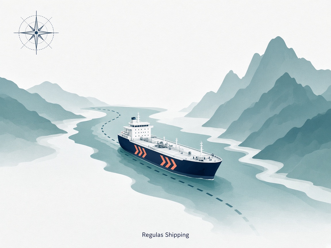 Light-theme illustration of a product tanker in a narrow strait, Regulas Shipping