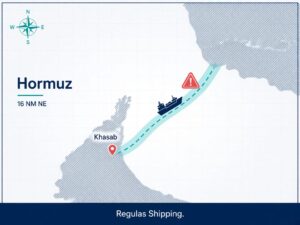 Stylized Strait of Hormuz map near Khasab showing a merchant ship 16 nautical miles northeast and a coral warning marker, Regulas Shipping footer