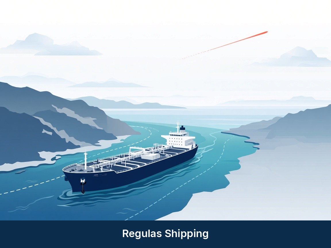 Light-theme illustration of a tanker in a narrow strait under a distant projectile track, Regulas Shipping