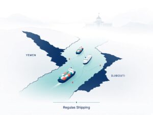 Light-theme illustration of Bab el-Mandeb shipping lanes for a Regulas Shipping report on the UN Security Council statement
