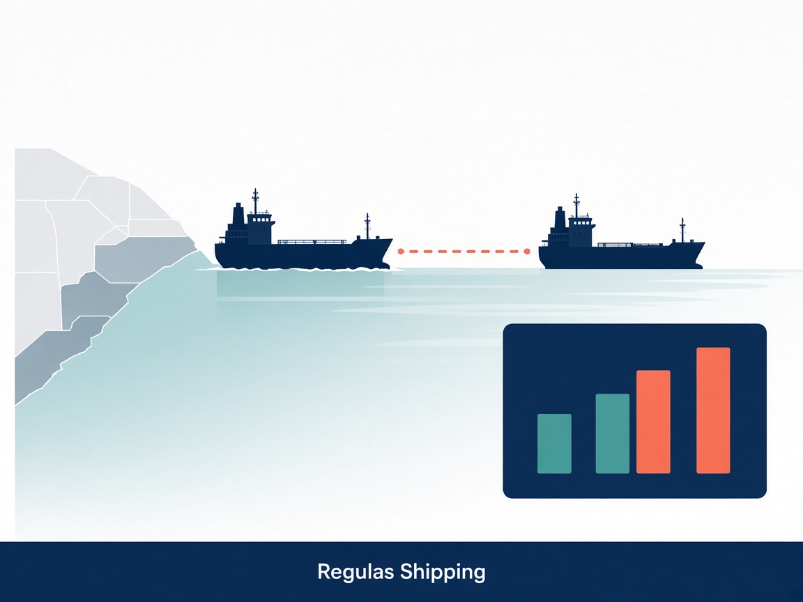 Light-theme graphic of two VLCCs in a Gulf of Oman STS pattern, Regulas Shipping