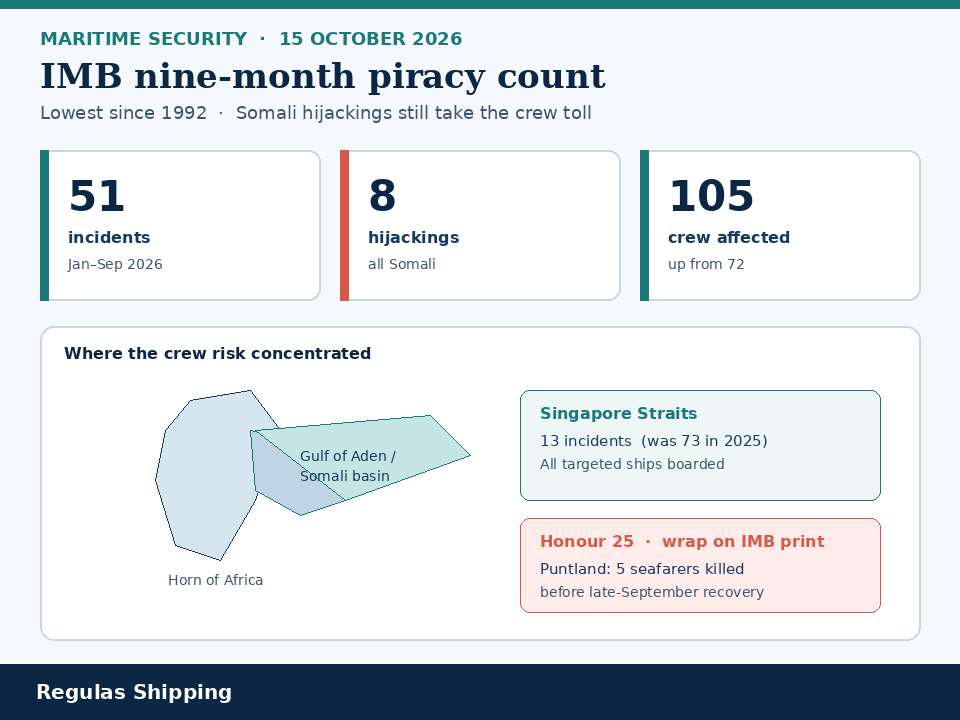 Light-theme Regulas chart of IMB January to September 2026 piracy incidents